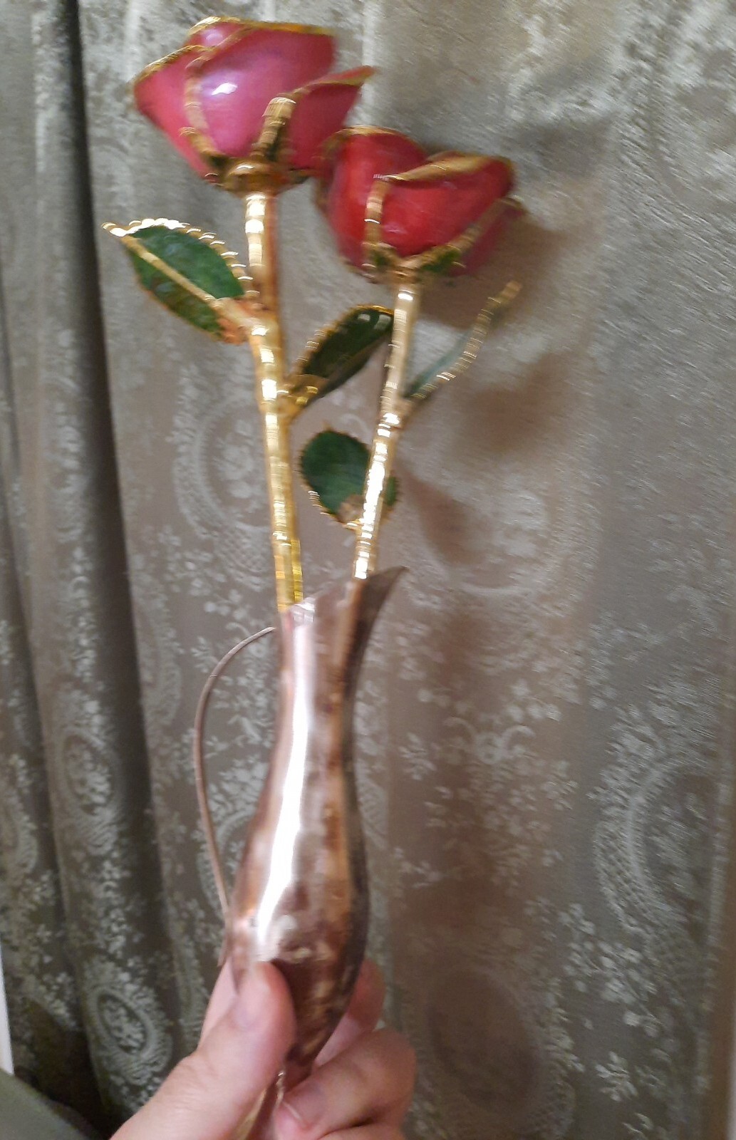 Lot Set 2 Gilded Metallic Roses Dipped In Ikora Mid-Century Vase Retro Decor