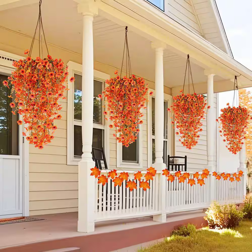 5 In. H Orange Artificial Hanging Fall Flowers 4-Pieces Fake Mums for Outdoor UV
