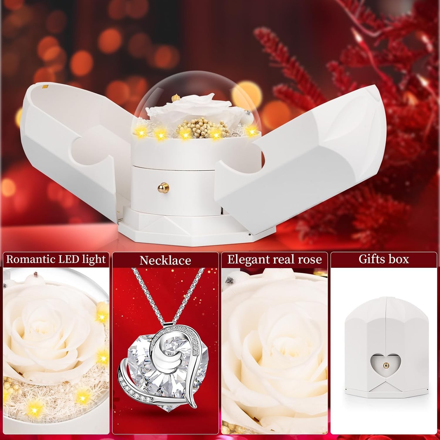 Preserved Real White Rose with Necklace Forever Flowers Rose Valentines Day Gift
