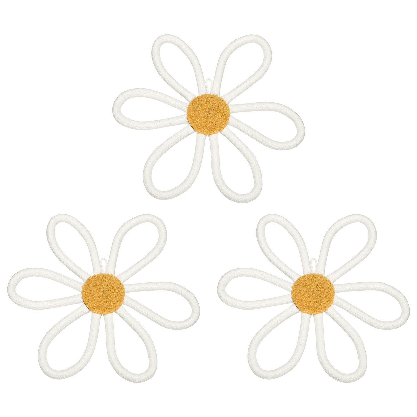 3Pcs Daisies Floral Wall Decor 10″ Flower Art Decor Woven Macrame Beige,