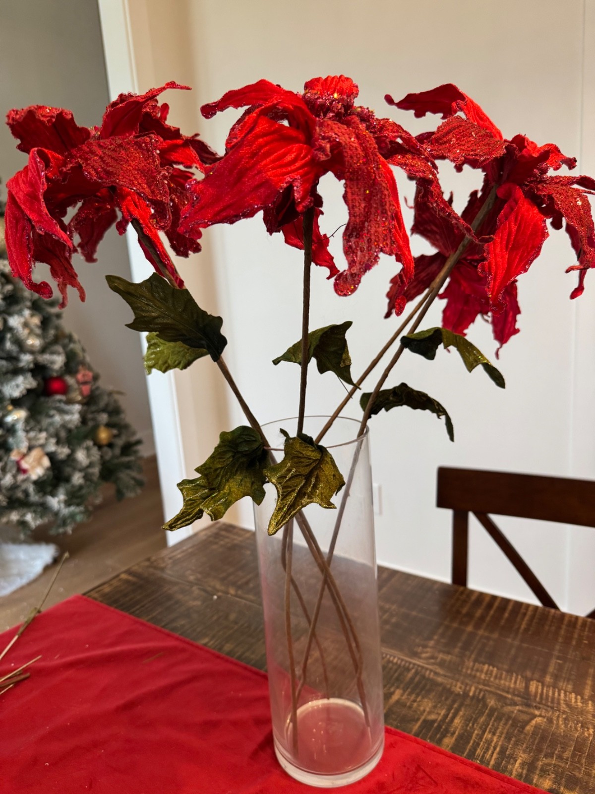 6-10” Velvet with sequence Poinsettia Stem Beautiful Christmas Home Decor