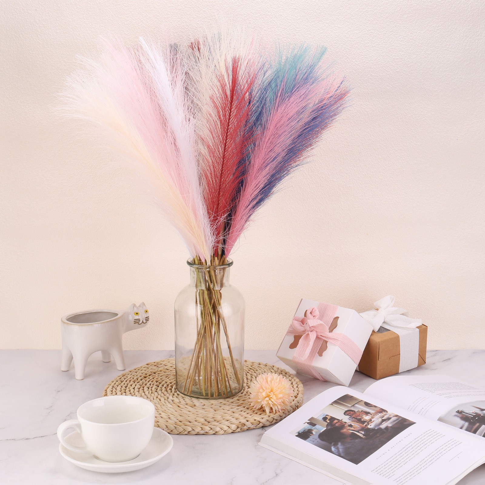 3pcs Dried Faux Pampas Grass 17″ Artificial Pampas Grass Decor Wine Red
