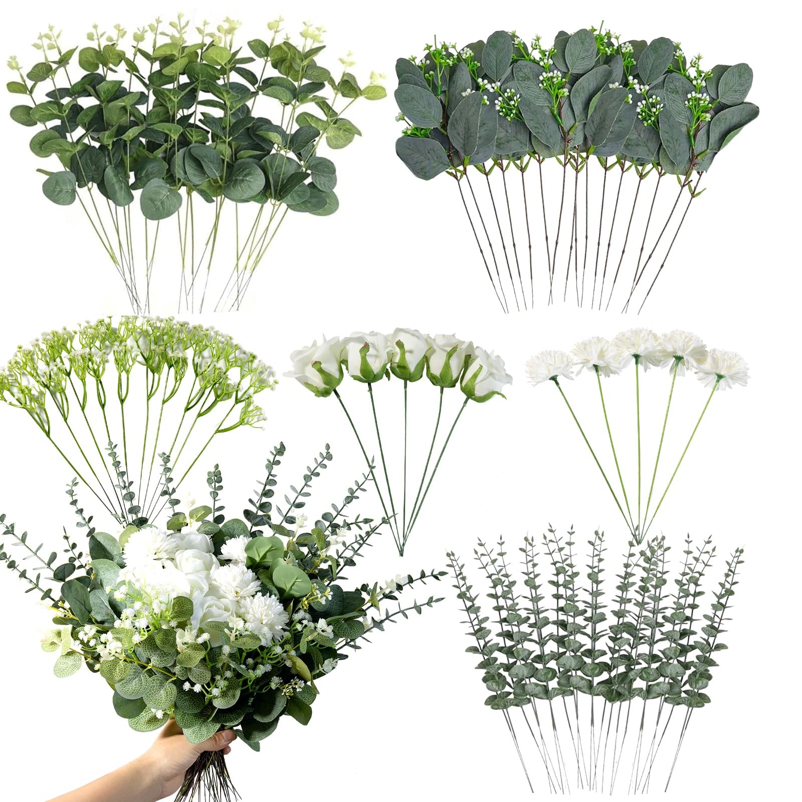 110 Pcs 7 Kinds Mixed Artificial Eucalyptus Stems, Fake Greenery Stems Silver…