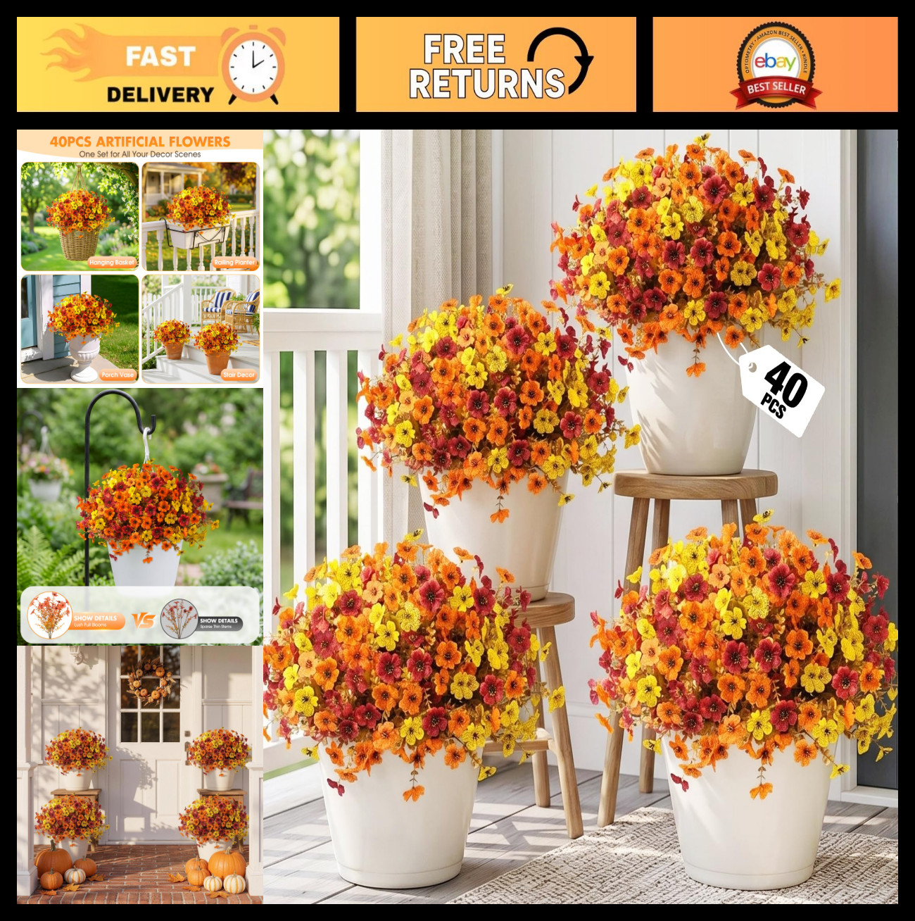 40Pcs UV Resistant Artificial Fall Flowers – Colorful Faux Mums for Home Decor