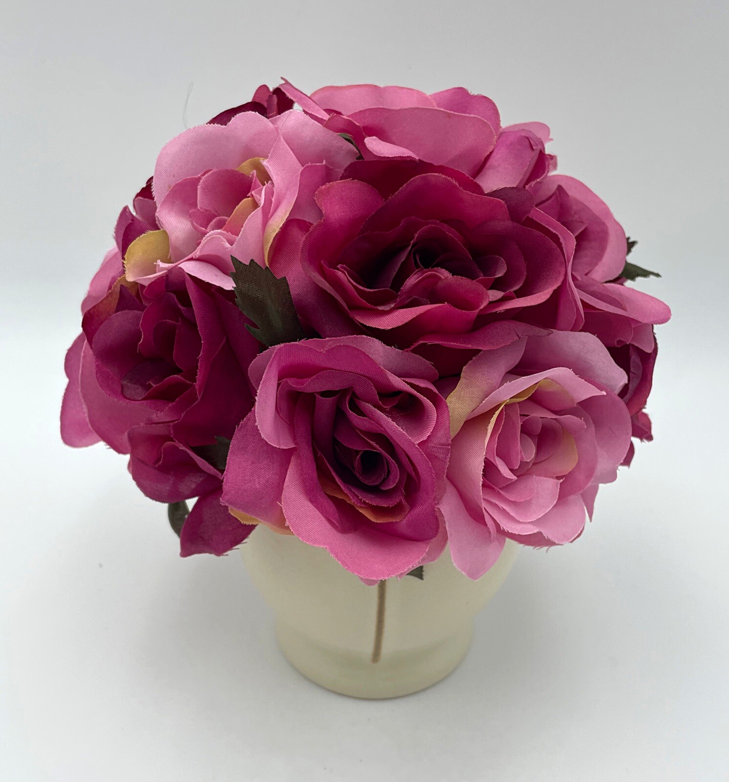 7″ Small Artificial PINK BOUQUET Faux Silk Open Roses w/Beige/Tan Ceramic Vase