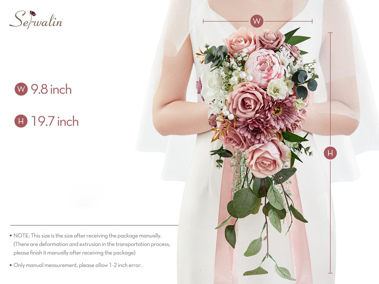 9.8 Inch Wedding Bouquets for Bride Bridesmaid, Dusty Pink Peonies Bridal Bou…