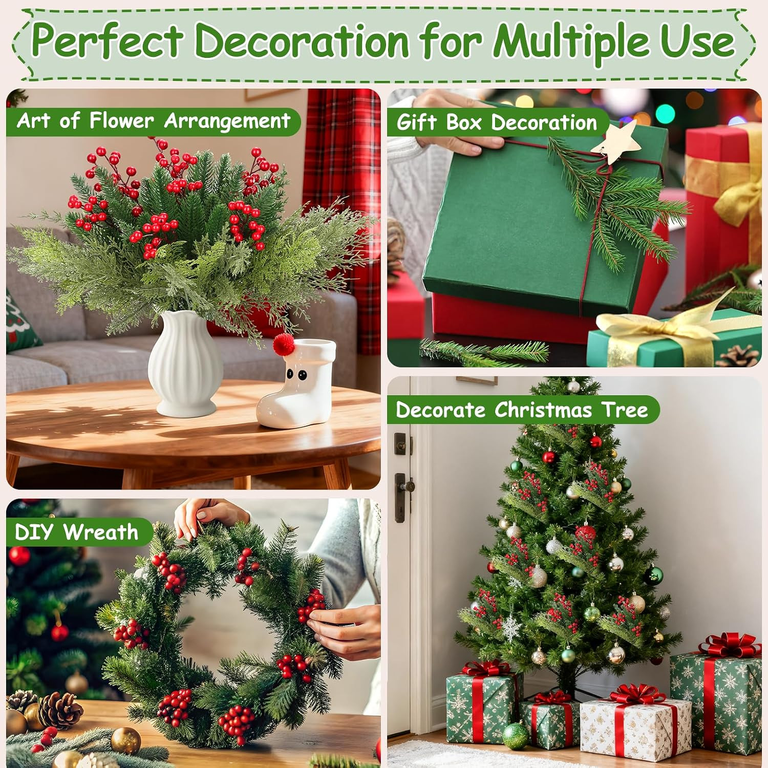 70 PCS Artificial Pine Branches with Berries, Christmas Greenery Fake Pine Needl