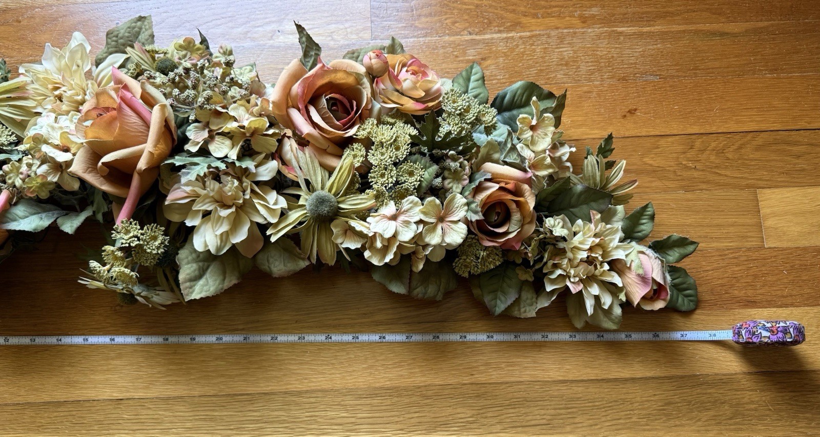 Faux Flower Garland Swag Roses & Dahlia Peach, Green, Cream Wedding Arch 38 x 10