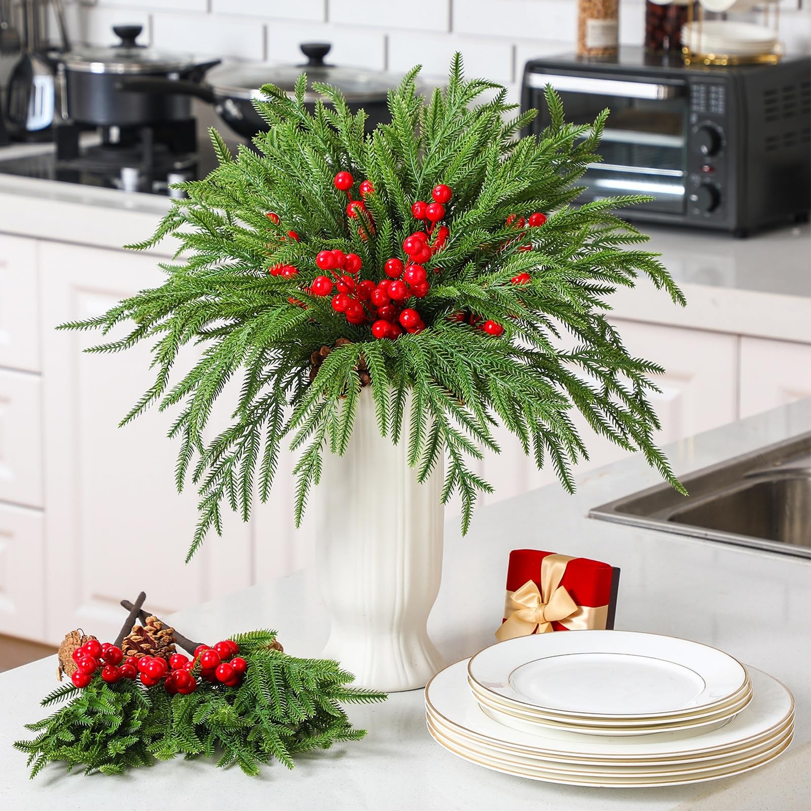 Riceshoot 12 Pcs Norfolk Pine Branches with Red Berries Pine Cones 17.7″ Green