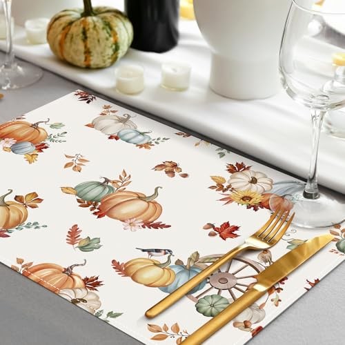 Fall Pumpkin Placemats Set of 4, 12×18 Inch Autumn Maple Leaves Pumpkin-3