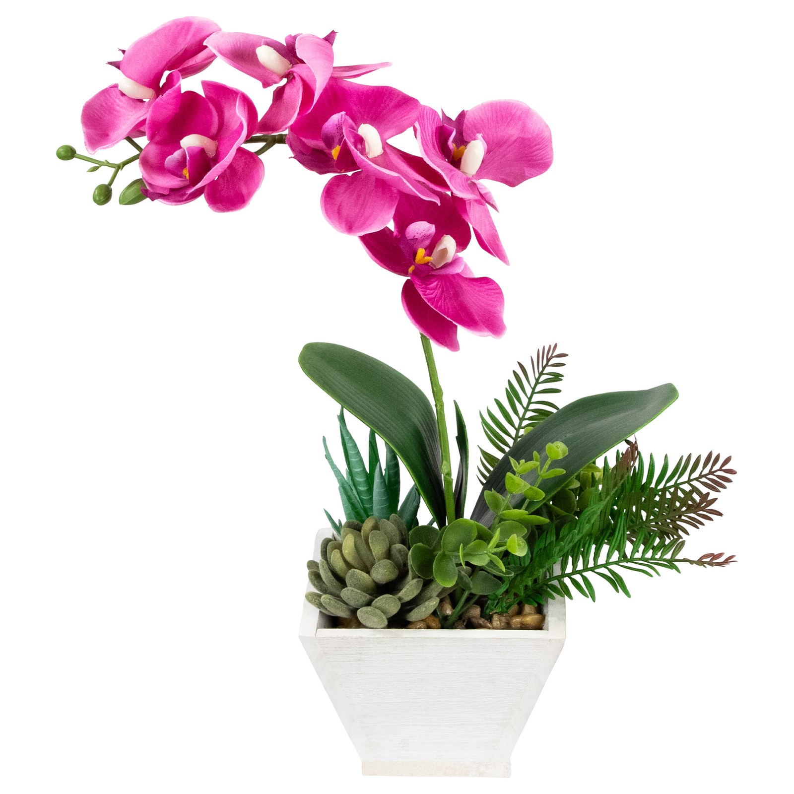 12″ Artificial Pink Orchid with Red and Green Succulent Plants in a Decorative S