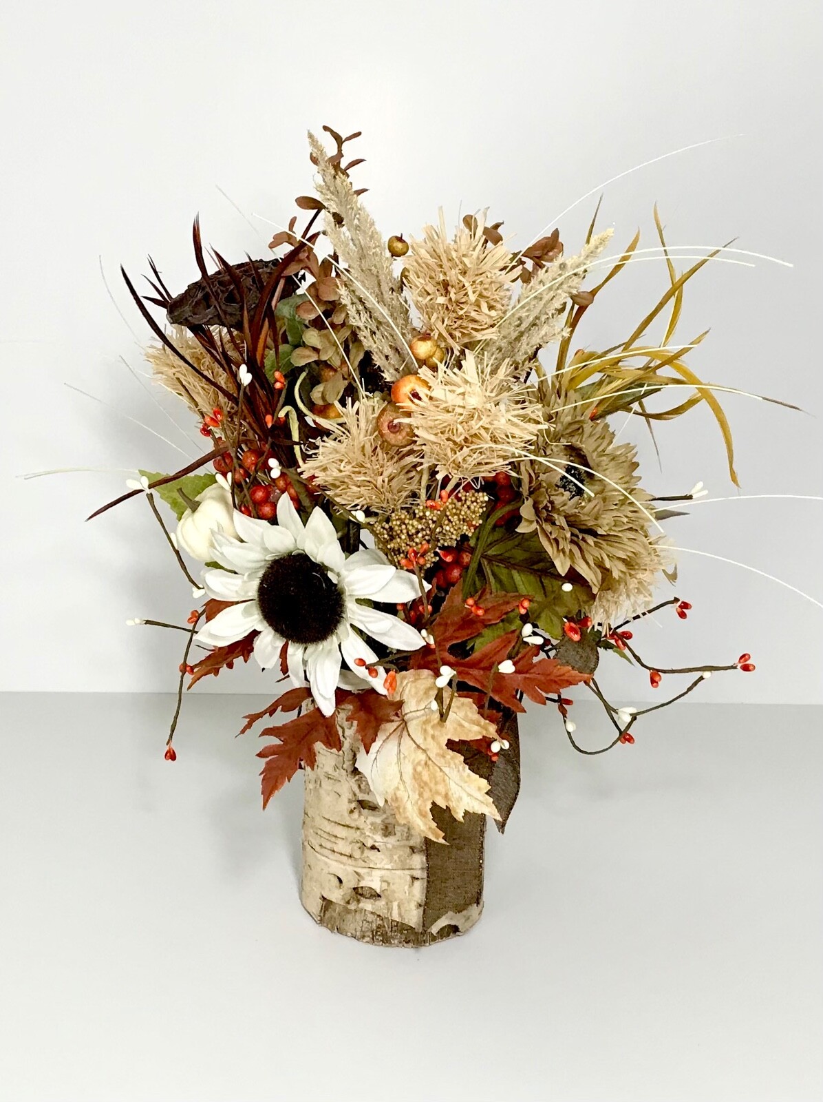WHITE SUNFLOWERS EARTH TONE ARRANGEMENT FALL LEAVES HARVEST CENTERPIECE HANDMADE