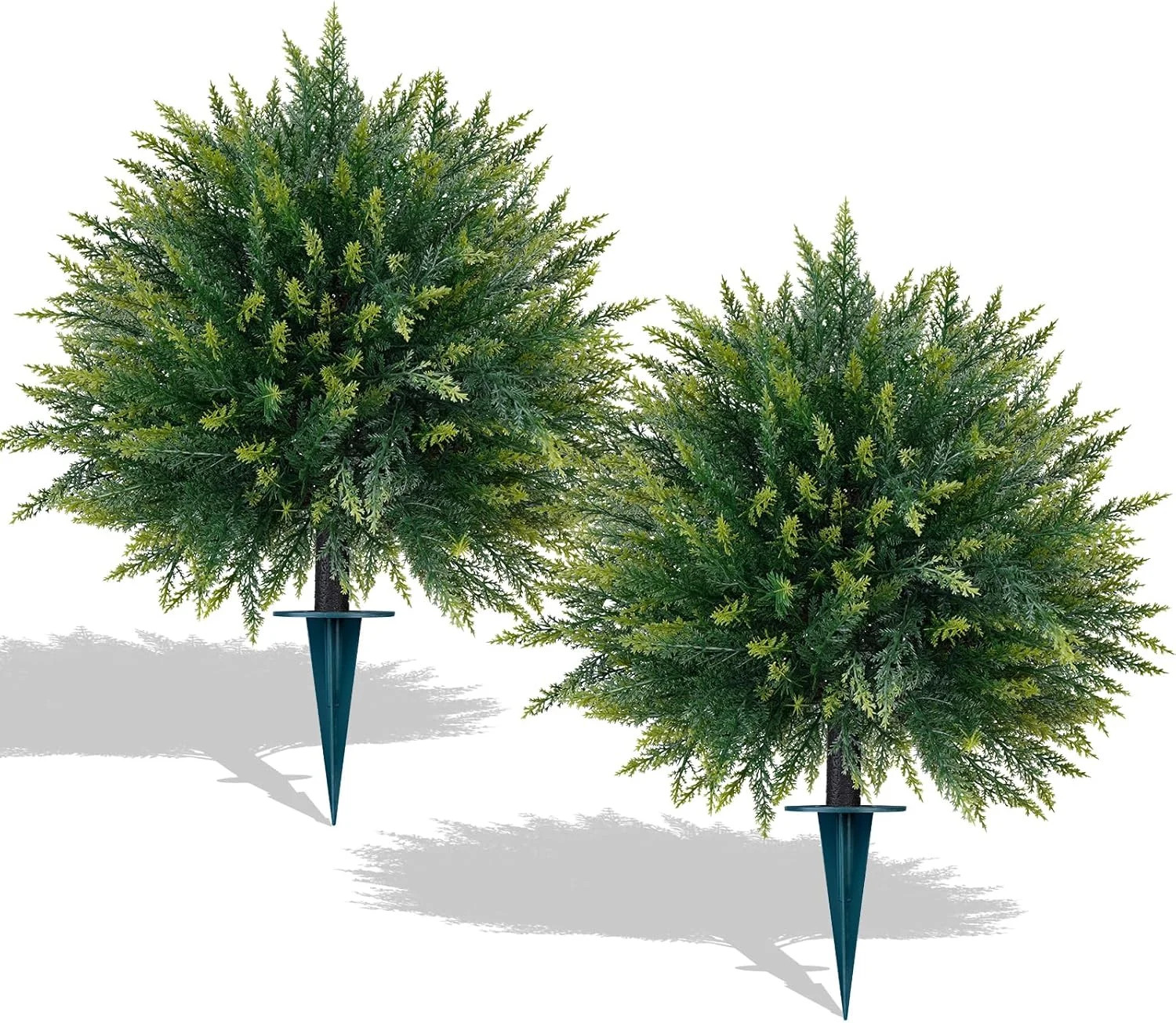 2 Pack Artificial Cedar Topiary Trees with Ground Spike, Fake Pine Shrubs Bushes