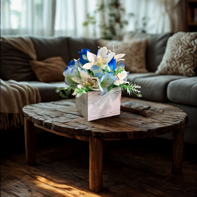Blue White Rose Floral Centerpiece Wooden Box Faux Flower Arrangement Home Decor