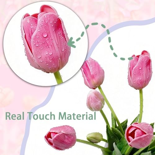 15PCS 15.75″ Artificial Tulips, Premium Latex Natural Feel 15pcs Deep Pink
