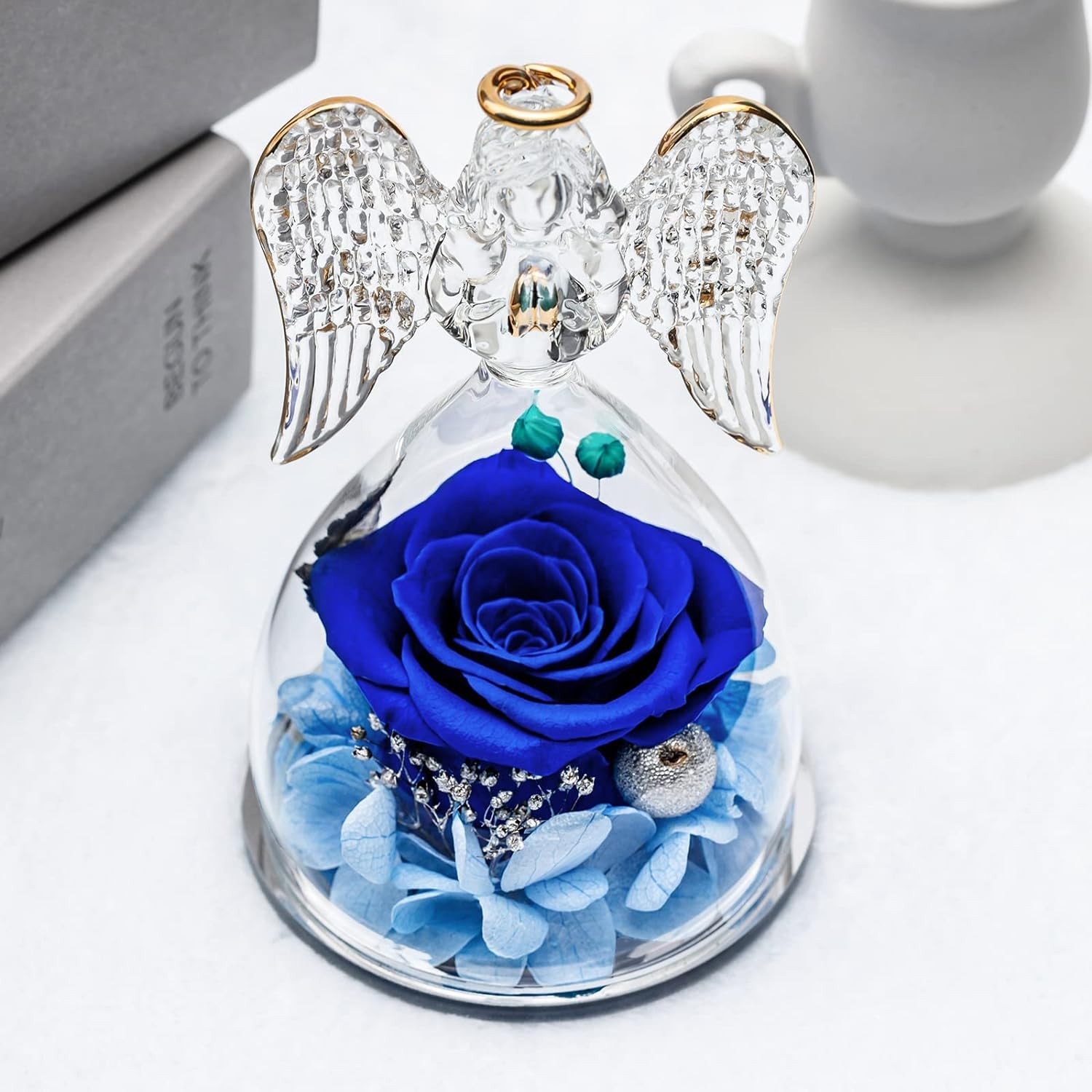 Angel Figurine Gift, Real Preserved Rose, Mom Birthday, Mothers Day, Blue