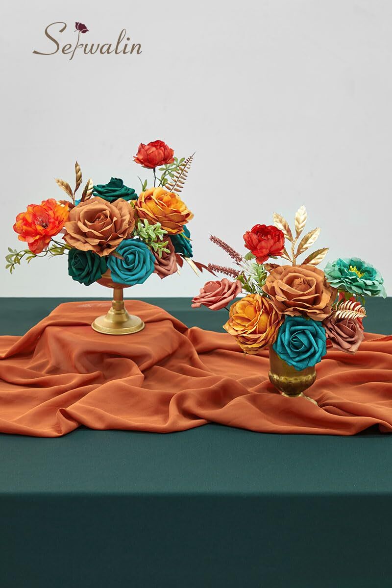 Burnt Orange Teal Silk Flowers Fall Artificial Wedding Centerpieces