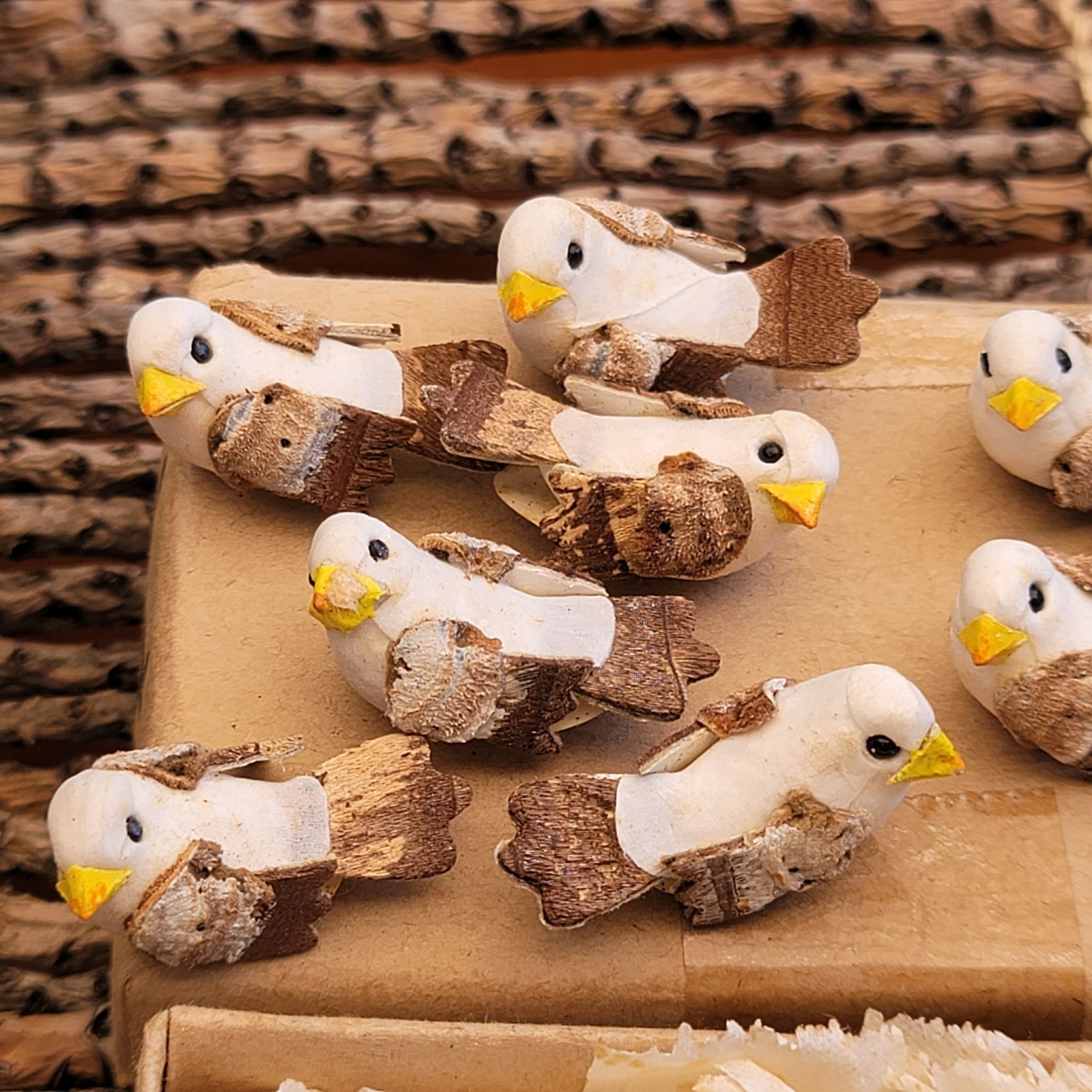 VNTG NOS Set of 12 Natural Bark Tail & Wing Artificial 1-7/8″ Mushroom Dove Bird