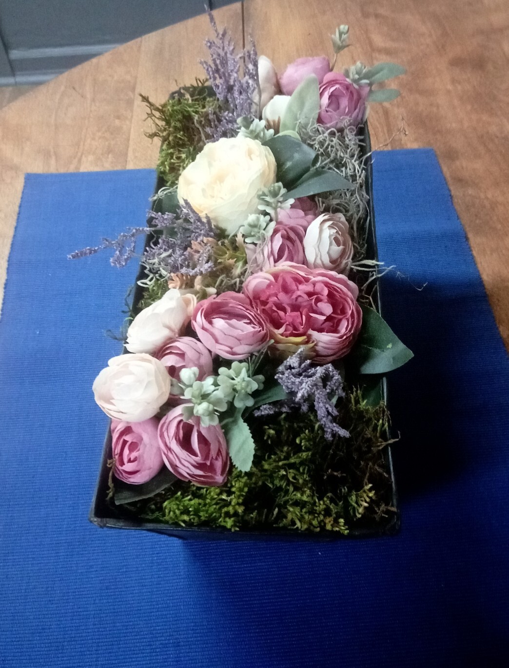 Silk Floral Arrangement Centerpiece In Metal Tin Embossed Container 13 x 5 x 5