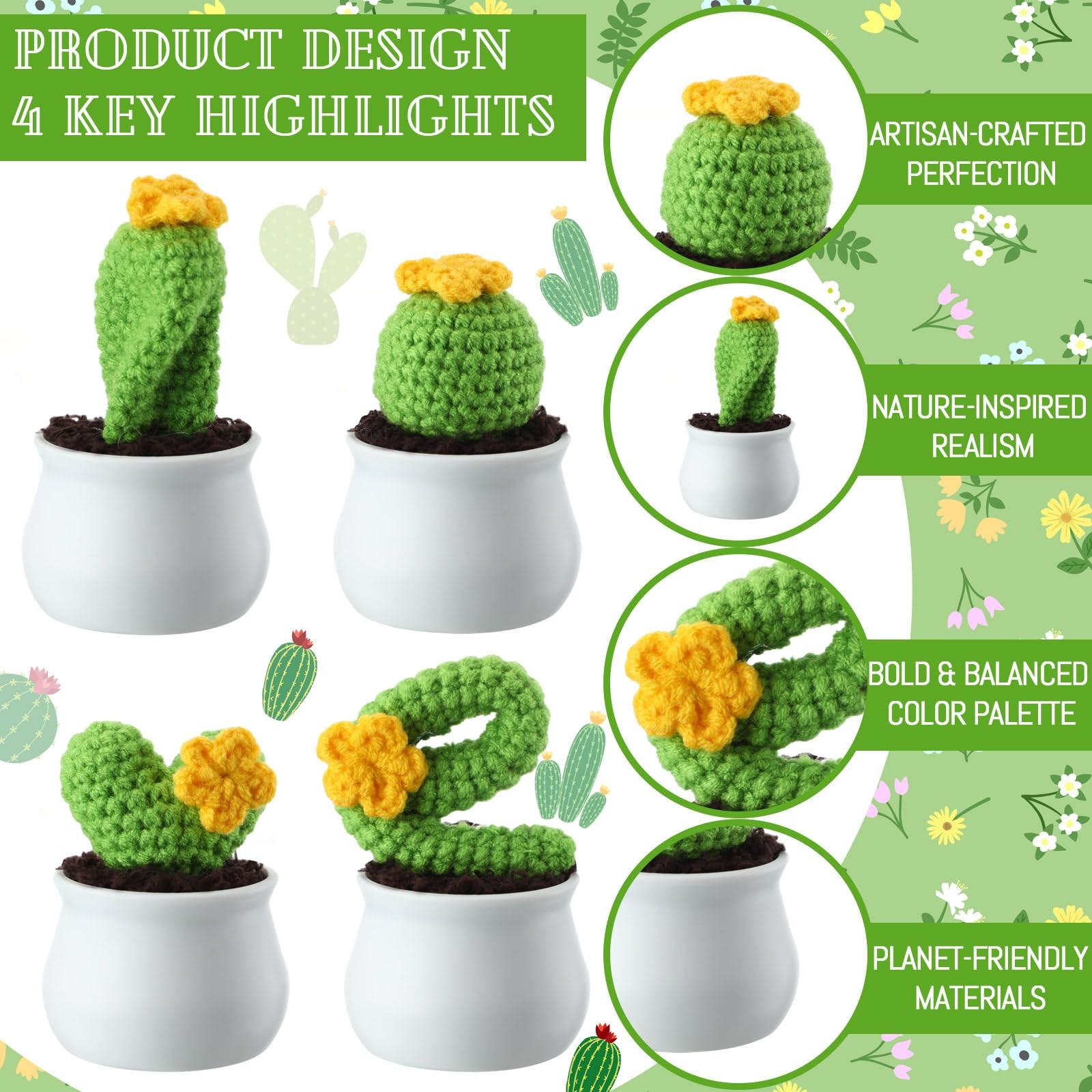 4 Pcs Crochet Cactus Love Knitted Potted Plants Mini Knitting Cactus Handmade…
