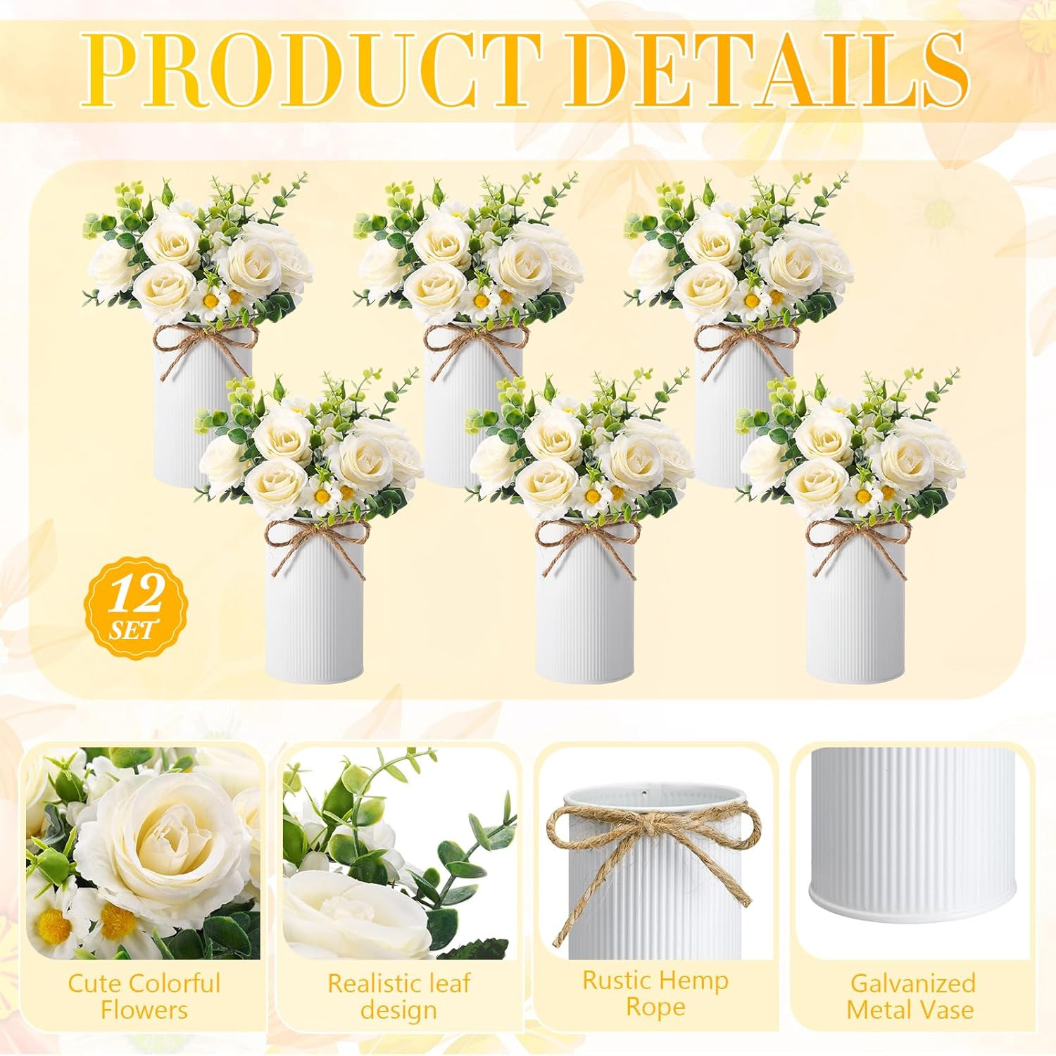 Elegant White Silk Rose Centerpieces with Metal Vases for Weddings & Parties