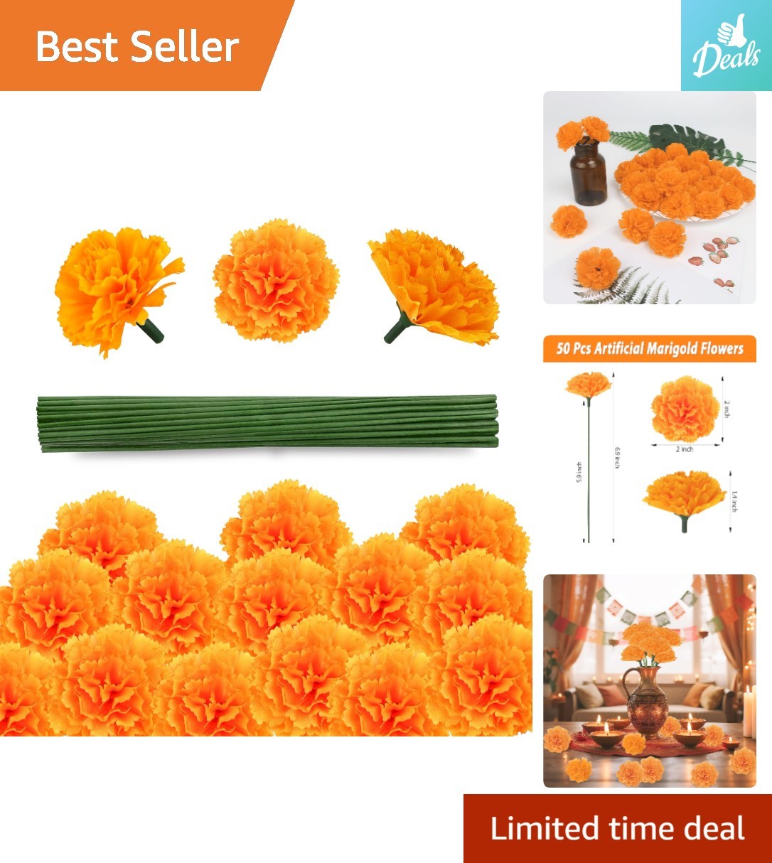 Elegant 50 Pcs Artificial Orange Marigold Heads for All Occasions – 2 Inch