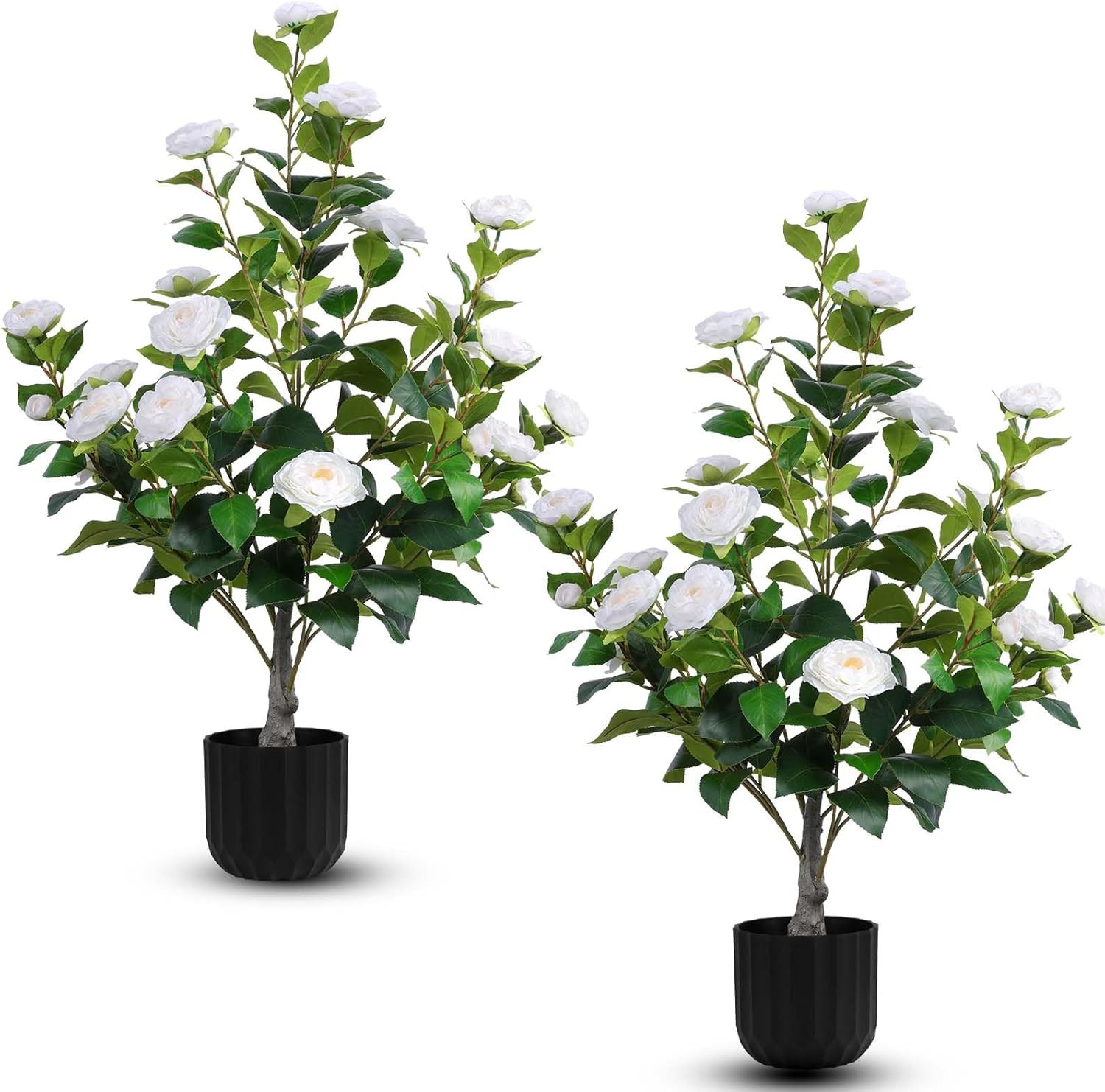 2 Pcs Artificial Camellia Trees Faux Camellia Plant in Pot with Flowers Indoor P