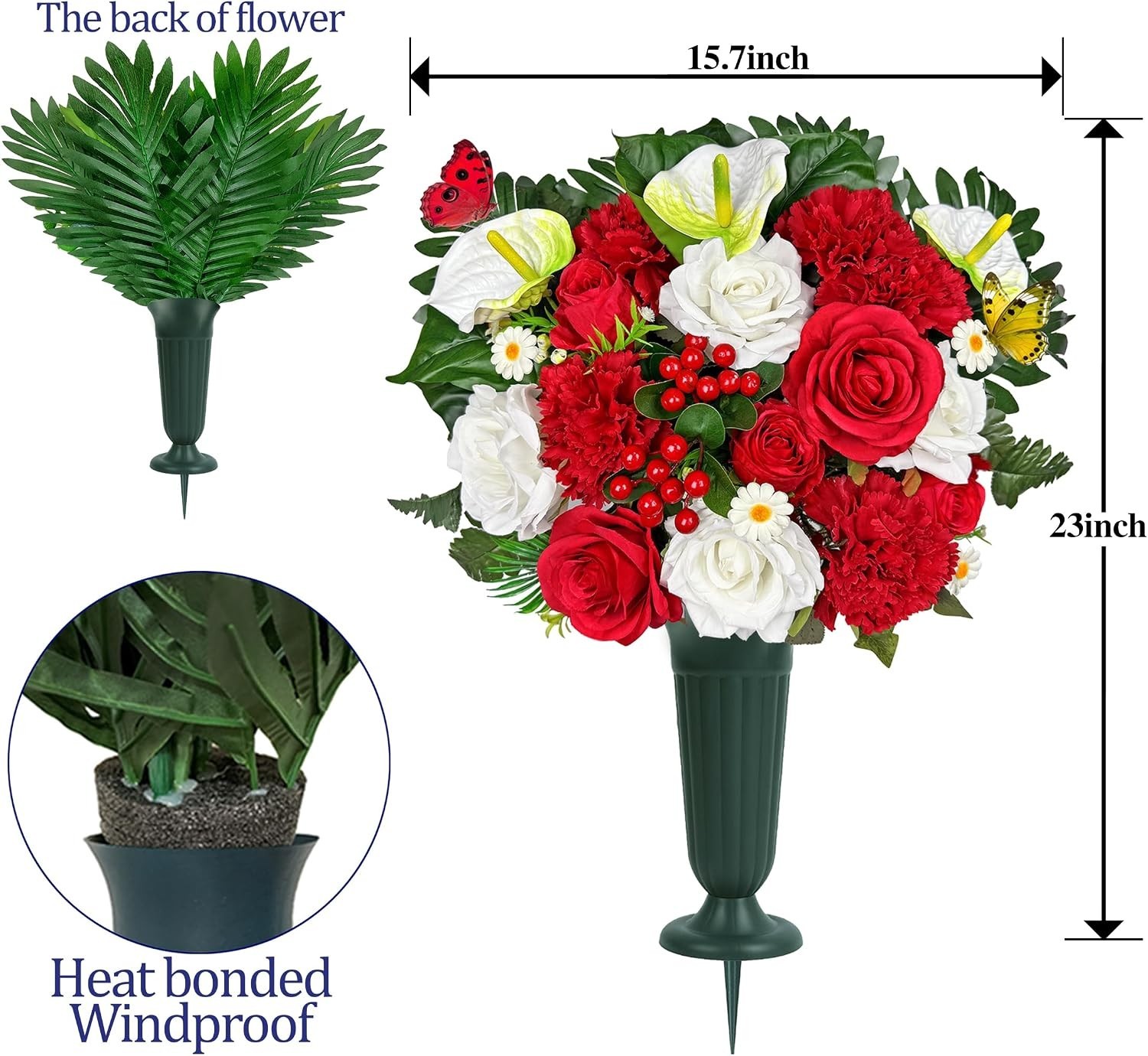 Artificial Cemetery Flower with Vases for Grave Decoration, 3PC,Red Rose Carn…