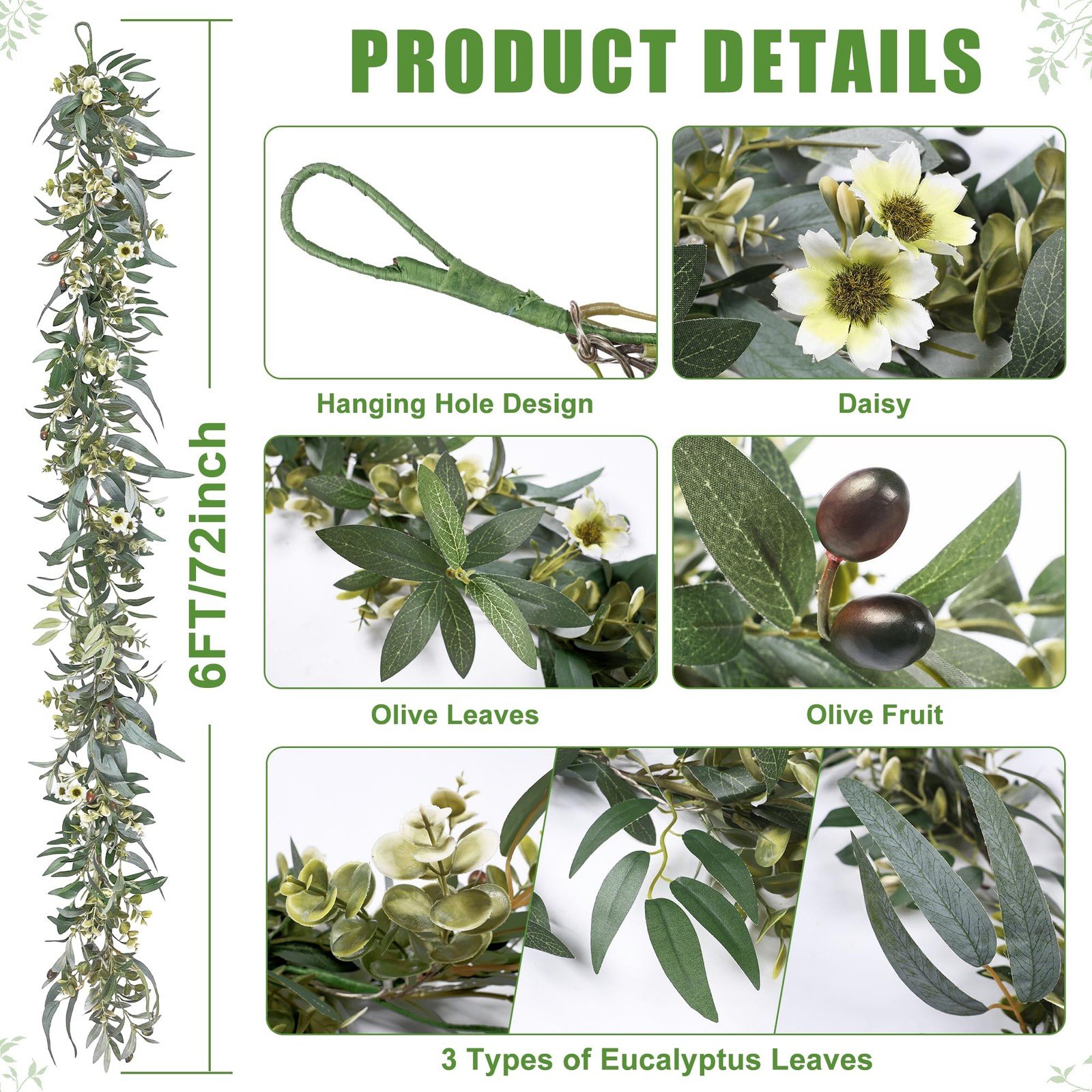 Olive Garland with Lights – 6 Ft Eucalyptus Garland with Timer 30 Fairy Light…