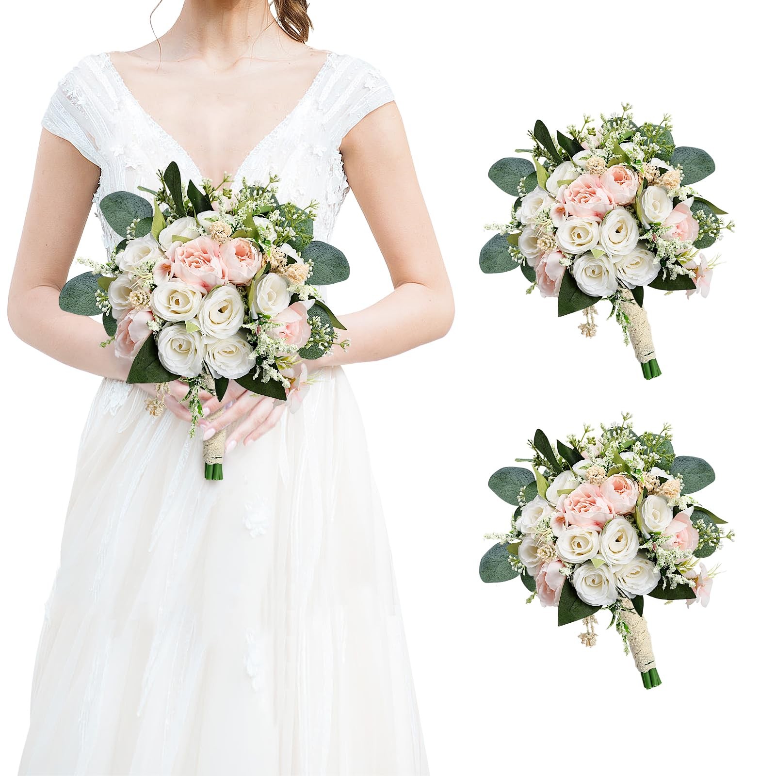 DIYDOFUN Bridesmaids Bouquets for Wedding – Set of 2 Realistic Artificial Ros…