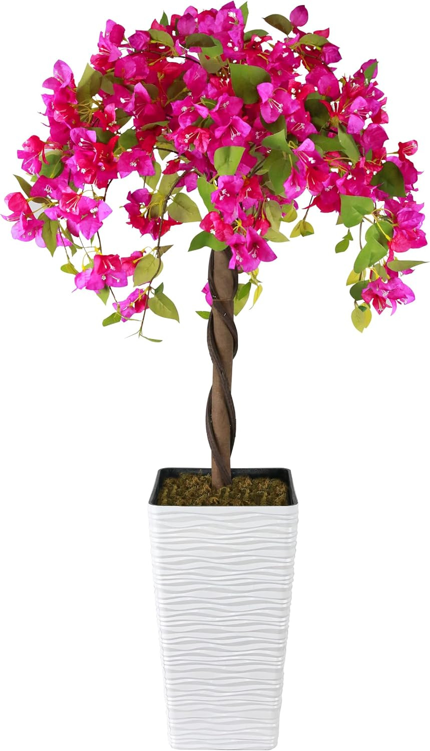 Artificial Bougainvillea Tree 4FT, Fake Silk Floral Tree with White Planter, Dec