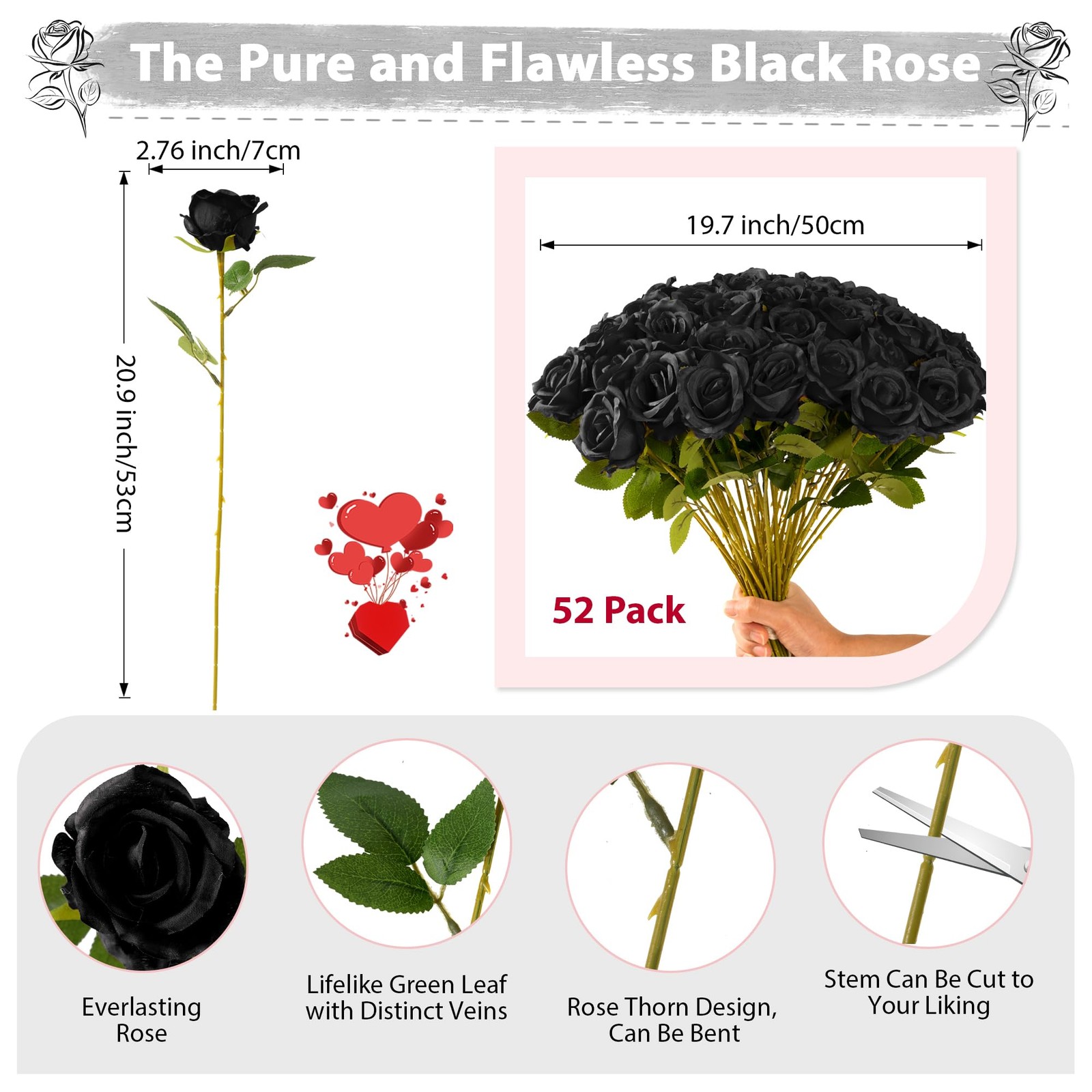 Fanfantoey Black Roses Artificial Flowers Bulk, 52Pcs Fake Roses Flower Arran…