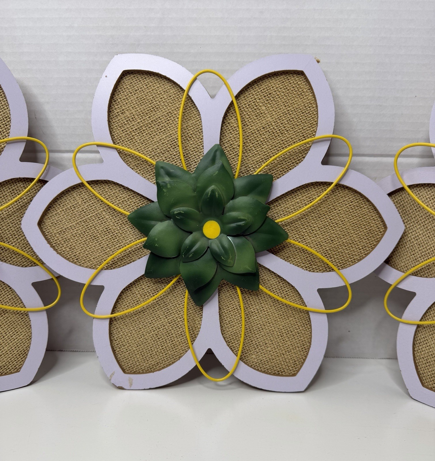 3 Wood Burlap & Metal 3D Flowers Decor Hanging 12” Wall Home Decor Wall Hanger