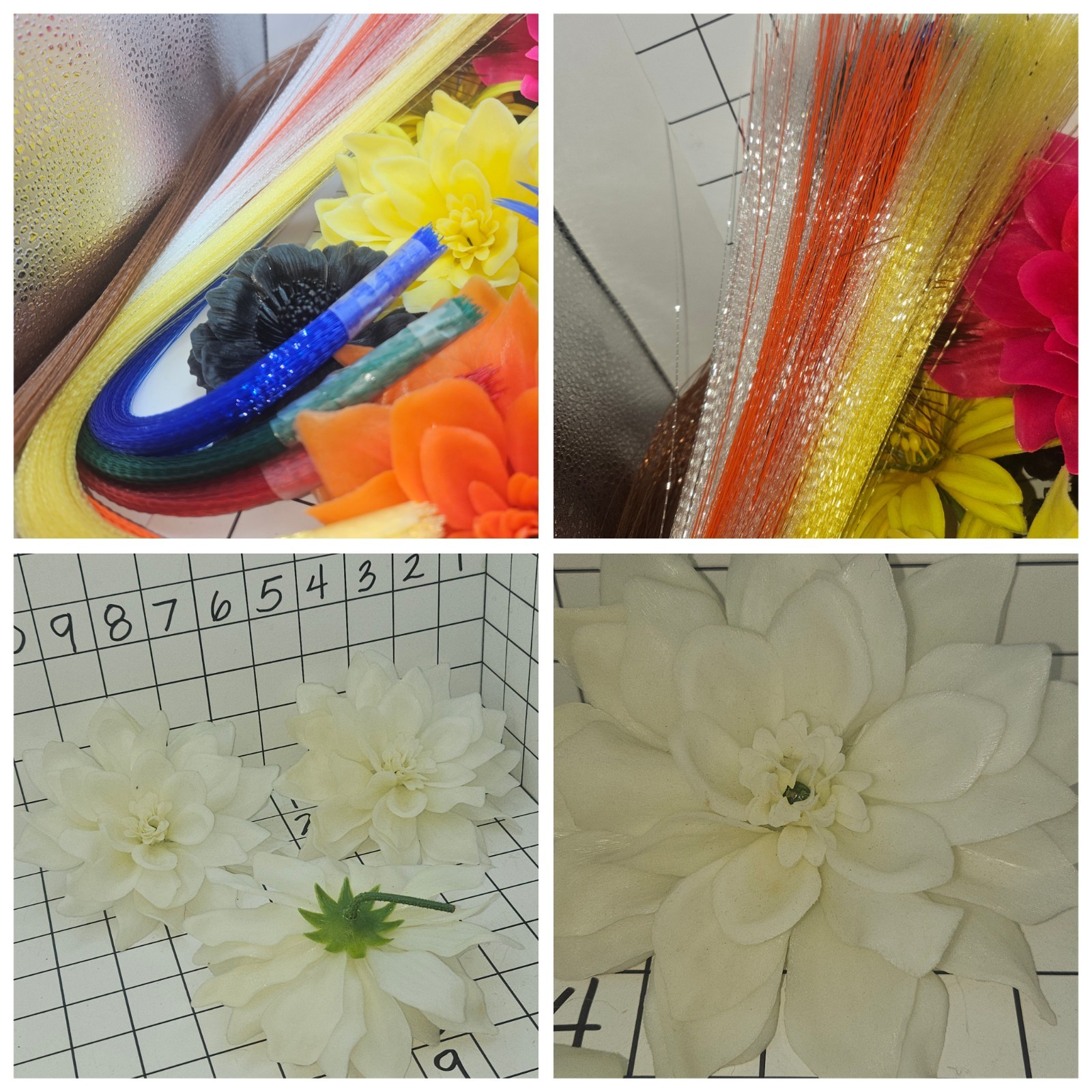 23 Vtg 1970s Lg Plastic Faux Flowers Short Stem & Fiber Optic Threads Multicolor