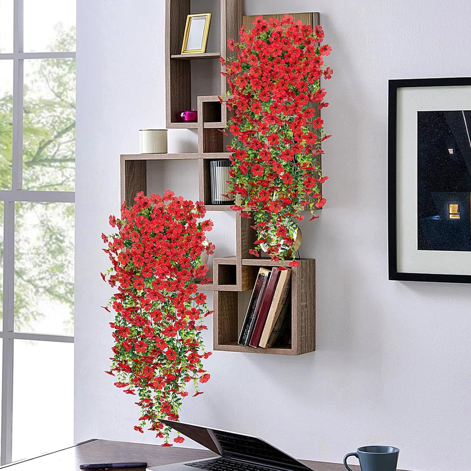 Artificial Fake Hanging Plants Flowers for Spring Outdoor Outside Decor, Red
