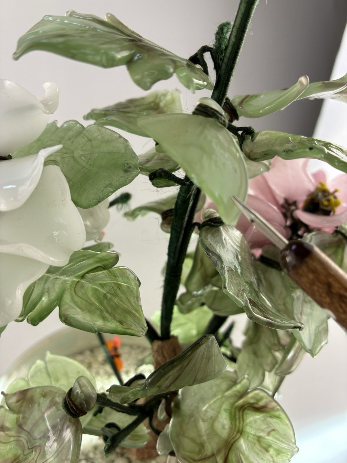 Mid-20th Century Glass Bonsai Flowering Tree ~ Pink & White Flowers 12″