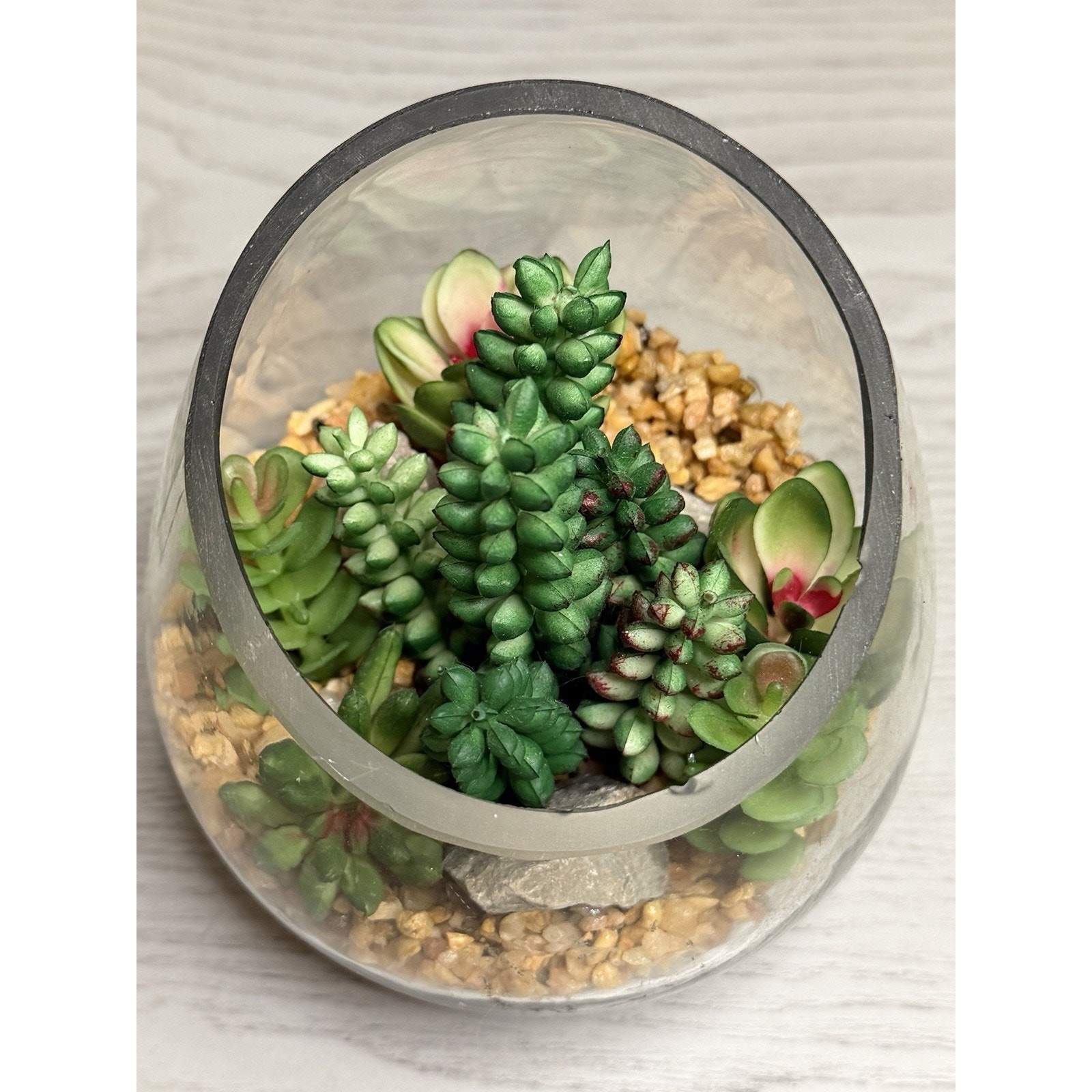 Faux Succulent Terrarium Bowl • Glass Cactus Arrangement • Tabletop Home Decor