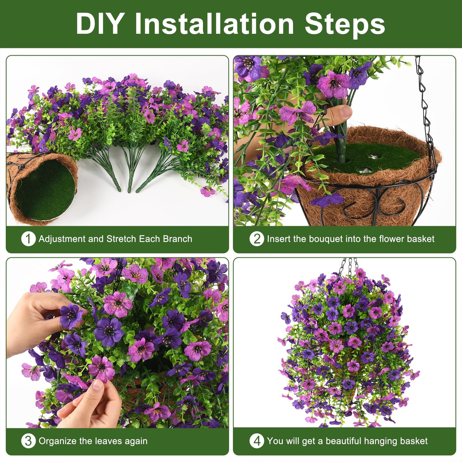 INQCMY Artificial Hanging Flowers with Basket for Spring Outdoor Decoration 3…