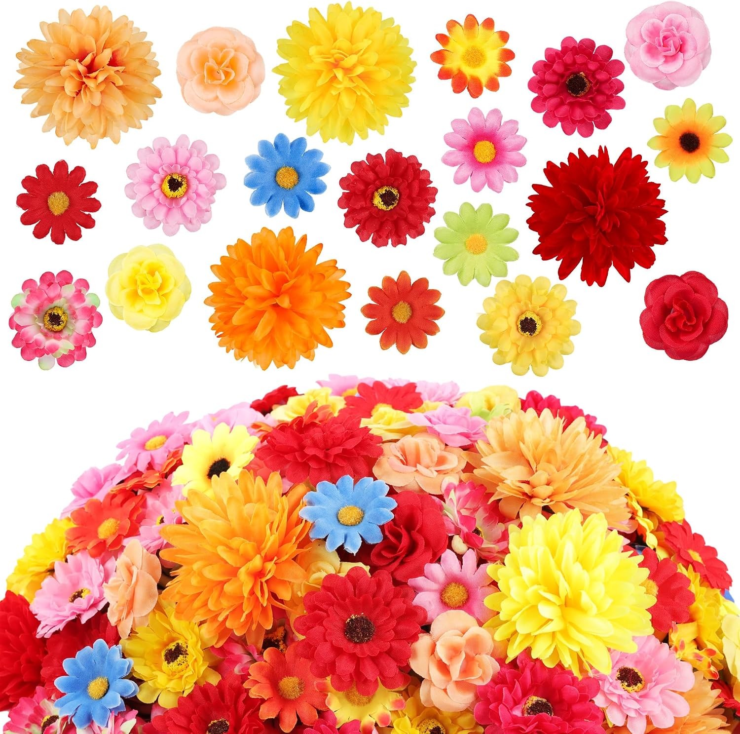 210 Pcs Mini Silk Flower Heads, Faux Rose Daisy Sunflower Bulk Crafts