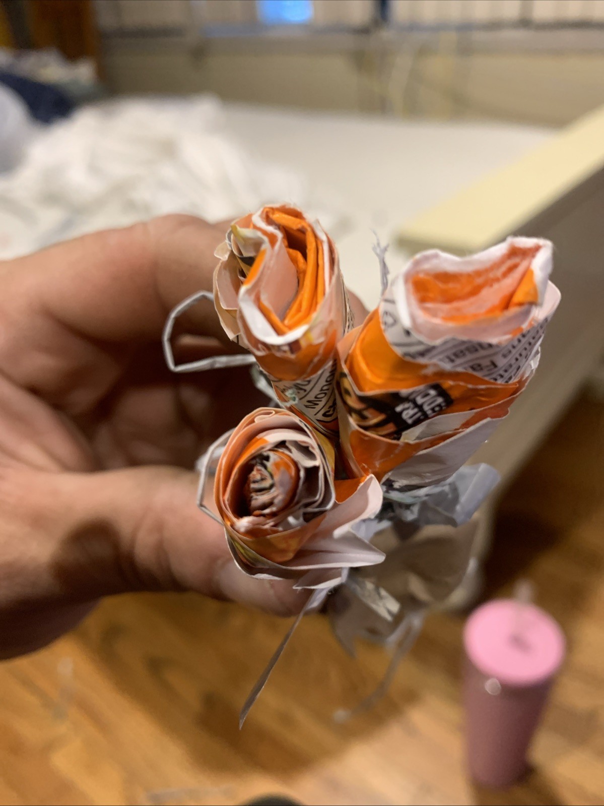Three Rose Stems w/orange Rose Buds Made From •Gold Fish Snack Cover Wrap W Love