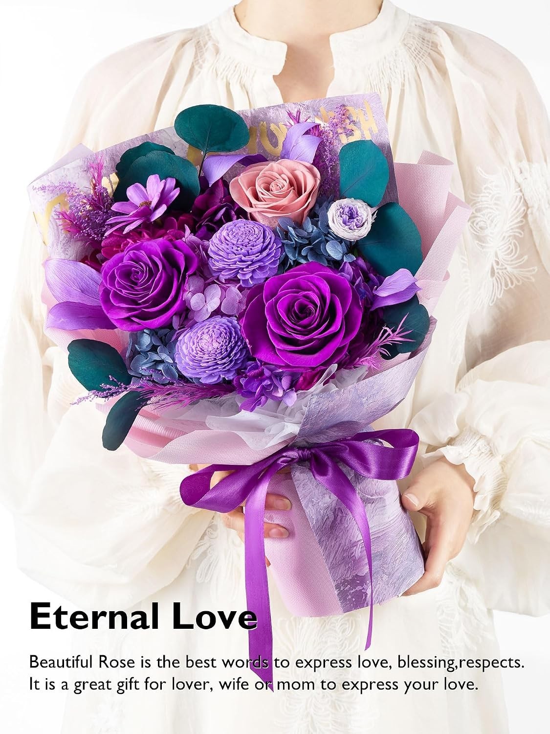 Preserved Roses and Purple Flowers Bouquet for Mother’s Day and Special Occasion
