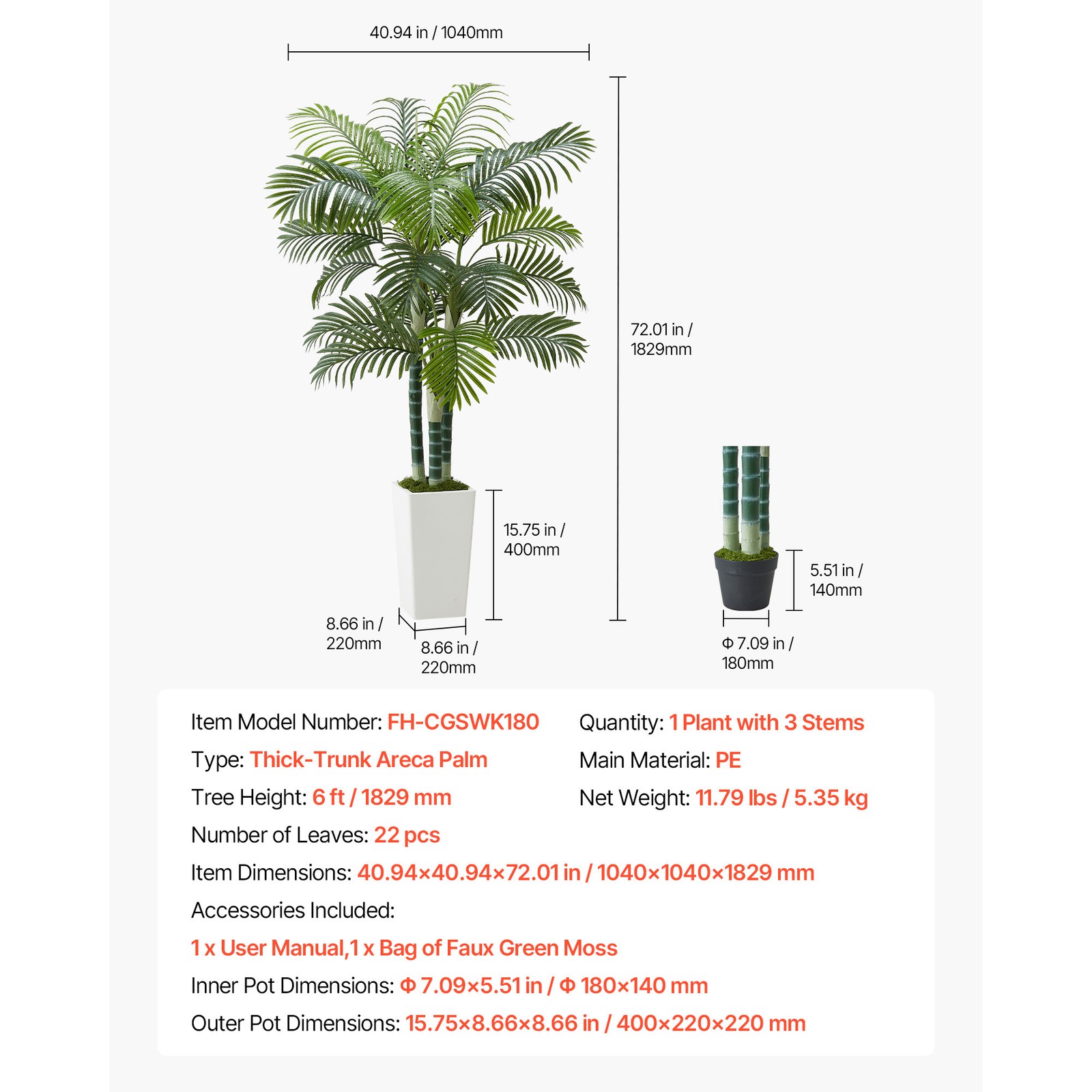Uimoso 6ft Faux Areca Palm Tree with White Pot for Indoor Spaces