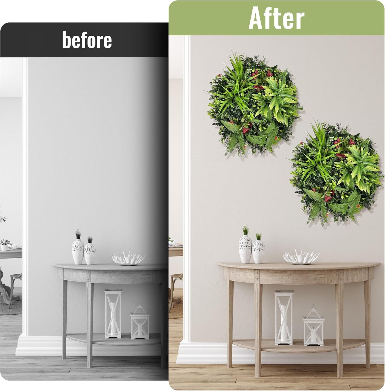 Round Boho Ivy Wall Decor: 2 Pcs 20 Inch UV-Anti Hanging Framed Faux Greenery
