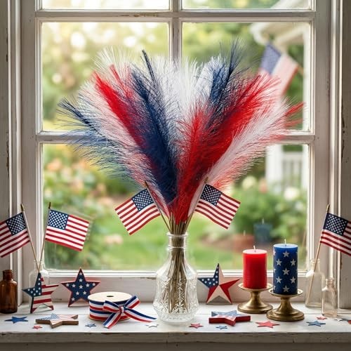 50pcs Faux Pampas Grass Decor, 21.6″ Short Artificial 50 PCS Red Blue White