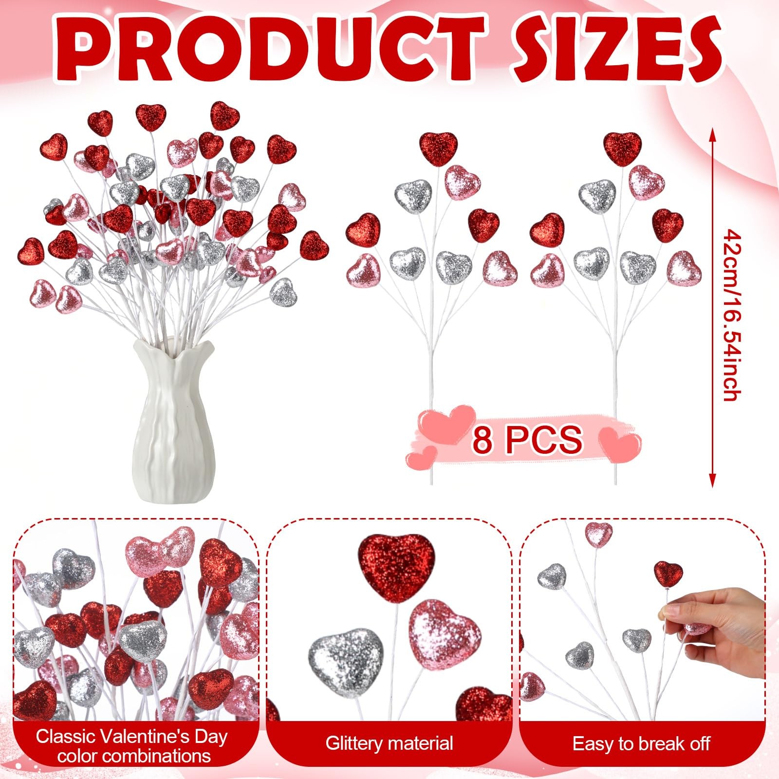 8 Pcs Valentine’s Day Heart Picks 16.5 Inch Glitter Foam Hearts Picks Red Pin…