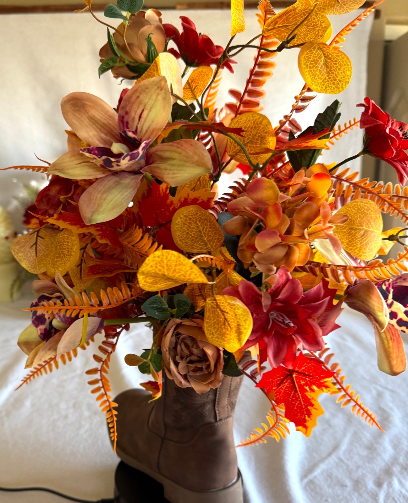 Fall colors Arrangement in a Cowboy Boot! Use all year!