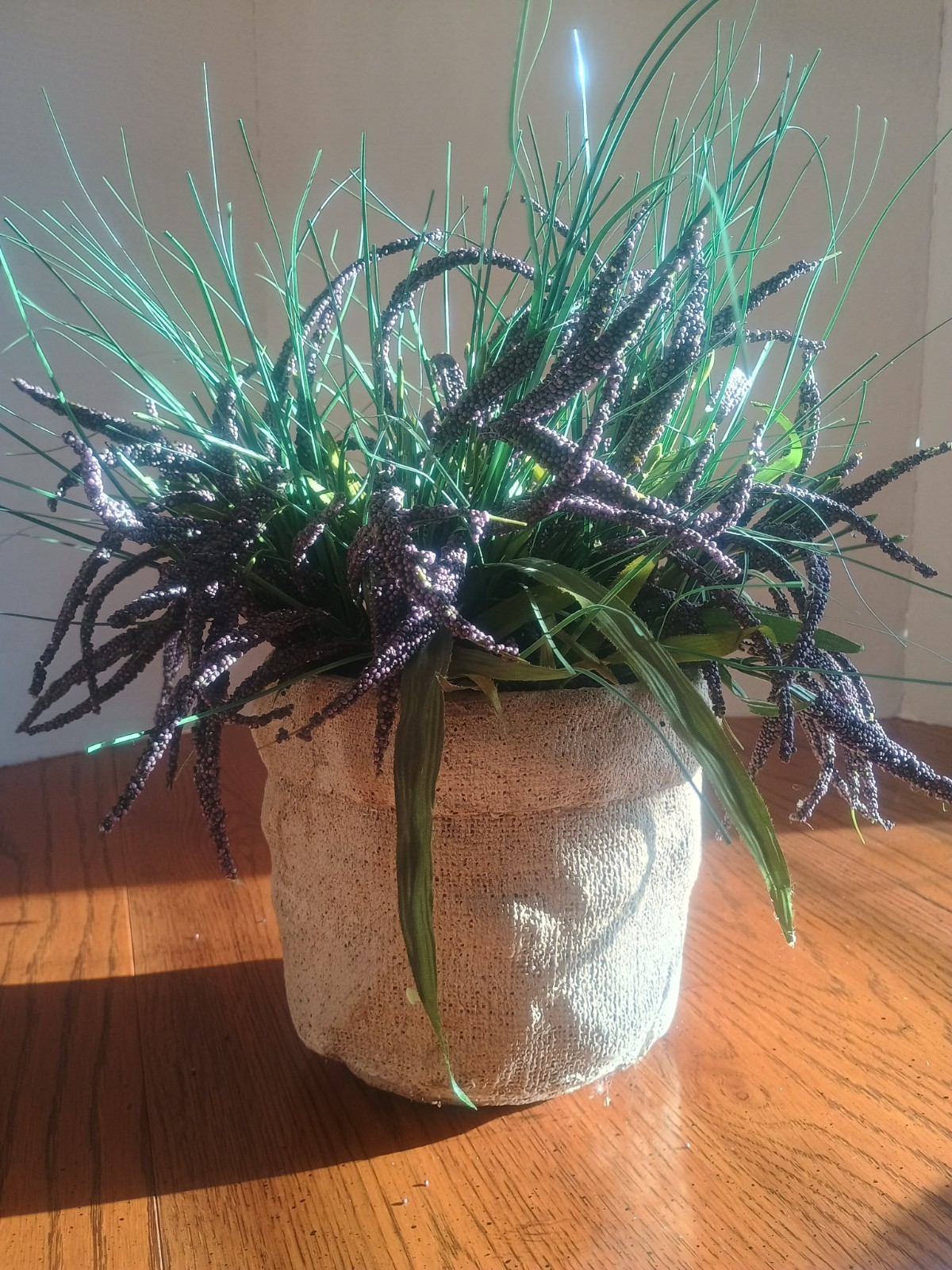 Artificial Lavender & Grass Arrangement In A Unique Burlap Decopoge Type Pot