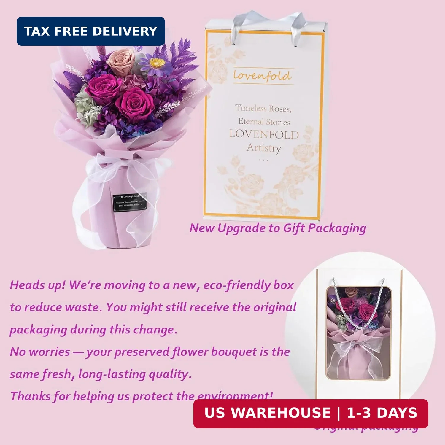 lovenfold Preserved Flowers for Delivery, Purple Rose Bouquets That Last 1-3 Yea