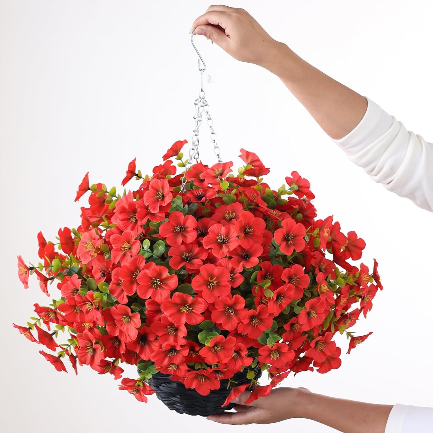 Red Artificial Morning Glory & Eucalyptus Hanging Baskets for Outdoor Decor