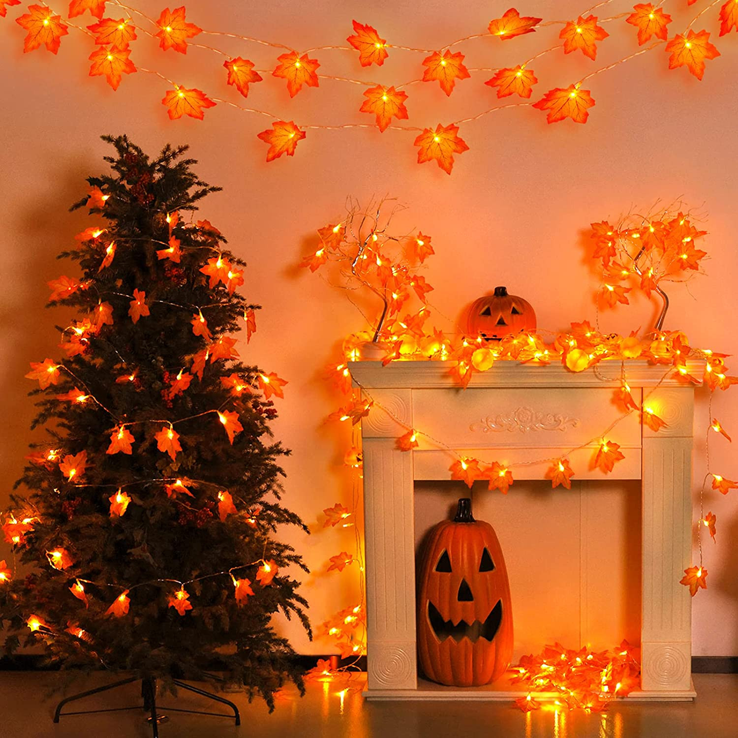 JMEXSUSS 2 Pack Fall Decor Lights Battery Operated, Total 22 FT 40 LED Thanksgiv